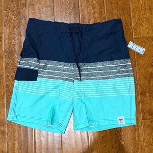 NWT Size Large George Aqua Stripes Stretch 9” Swim Trunks